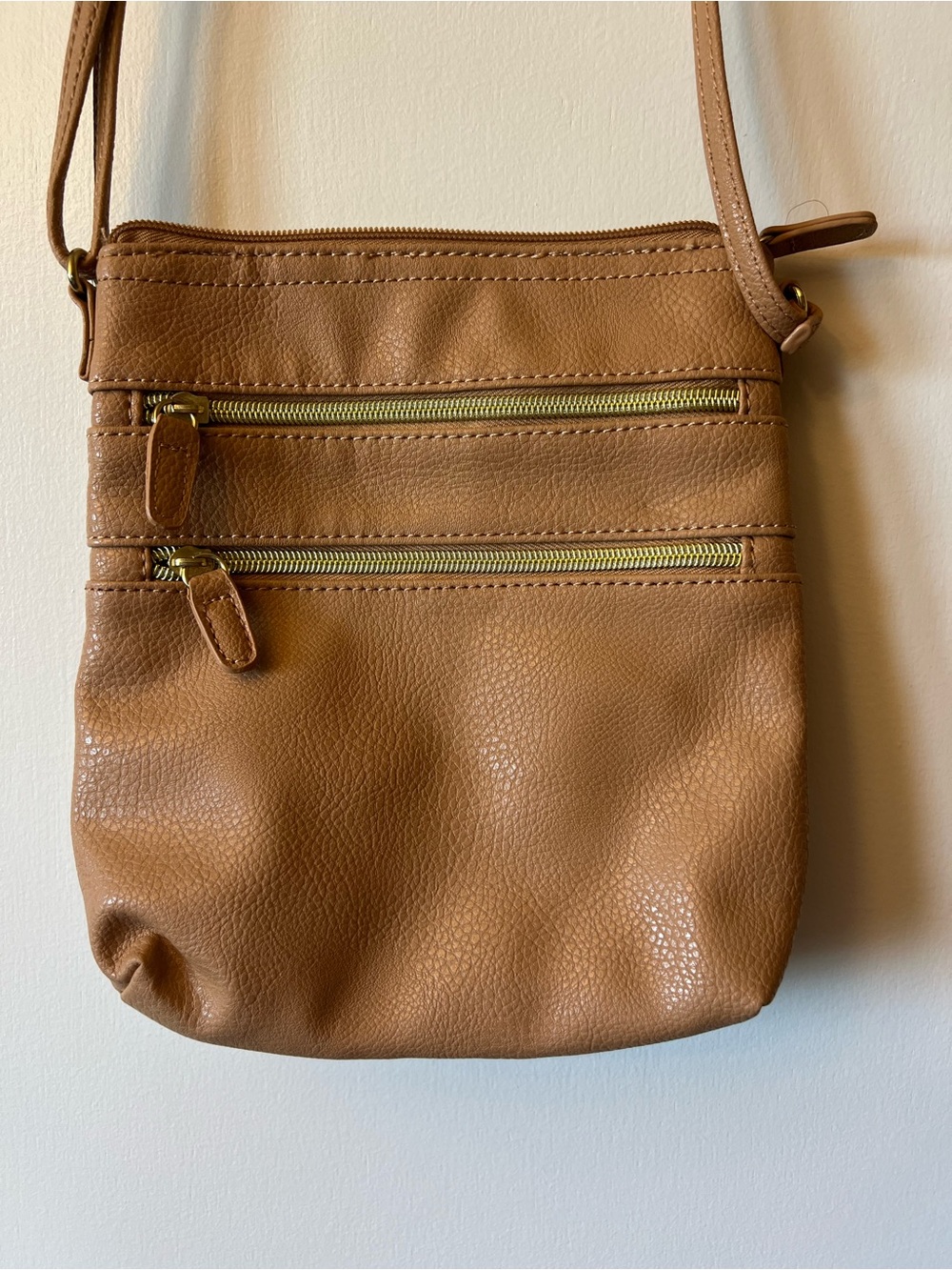 Tan Crossbody Bag with Front Zippers